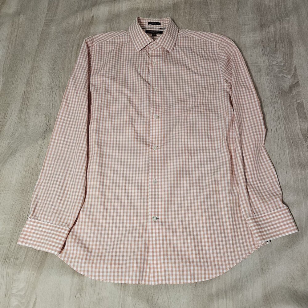 Mens Size M Banana Republic Non Iron Peach Checkered Button Up Shirt Cotton